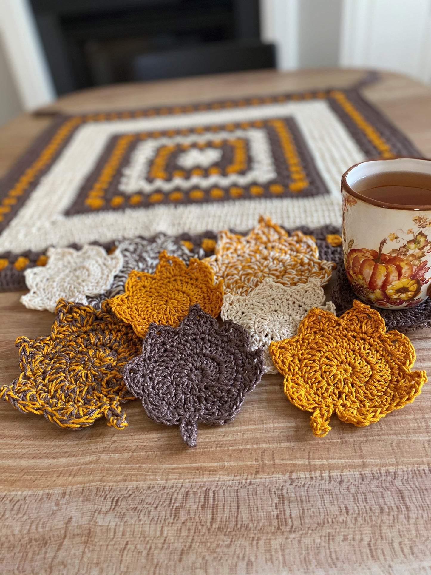 Crochet Kit - Autumn Table Cover & Leaf Coaster Set