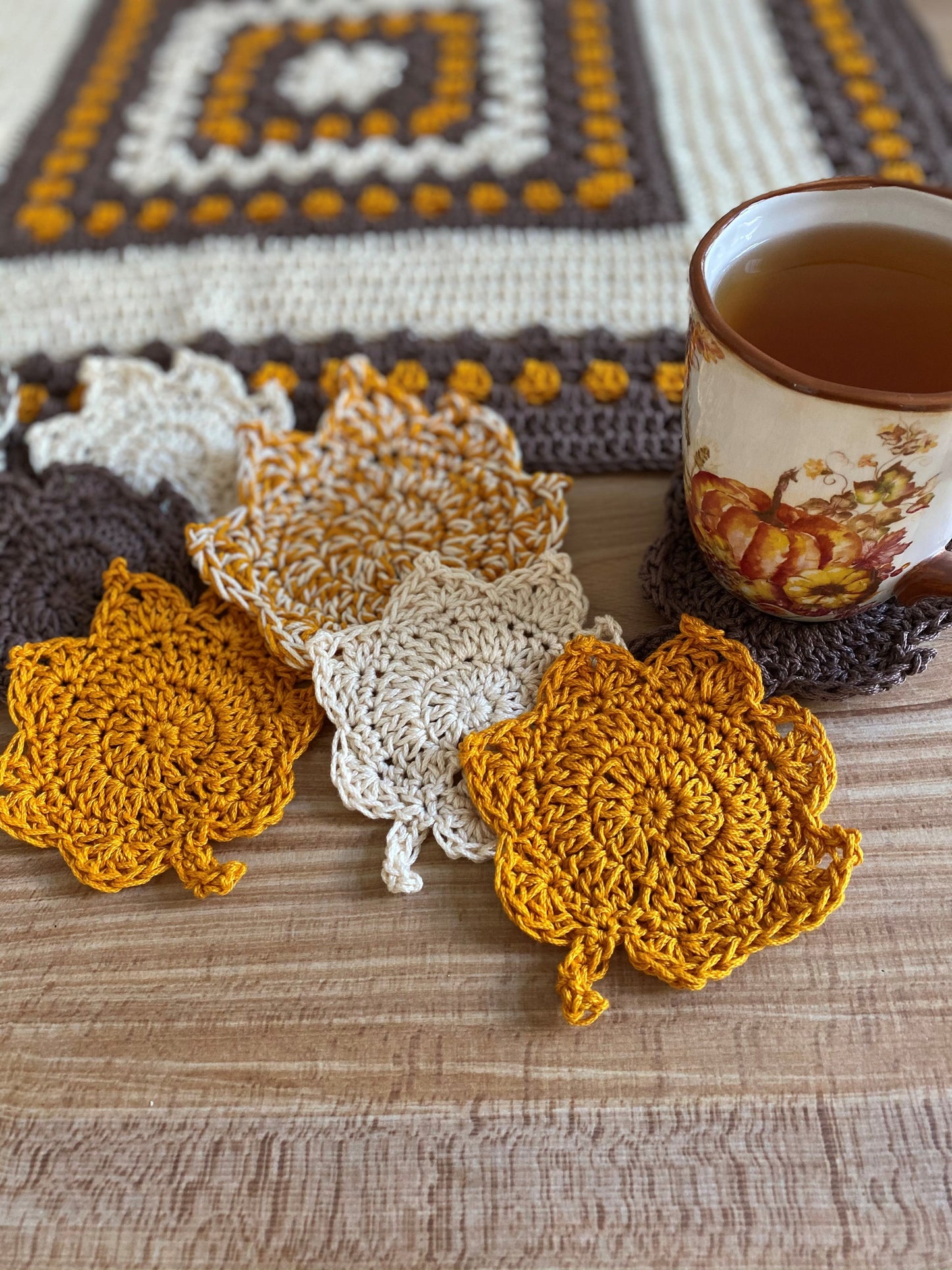 Crochet Kit - Autumn Table Cover & Leaf Coaster Set
