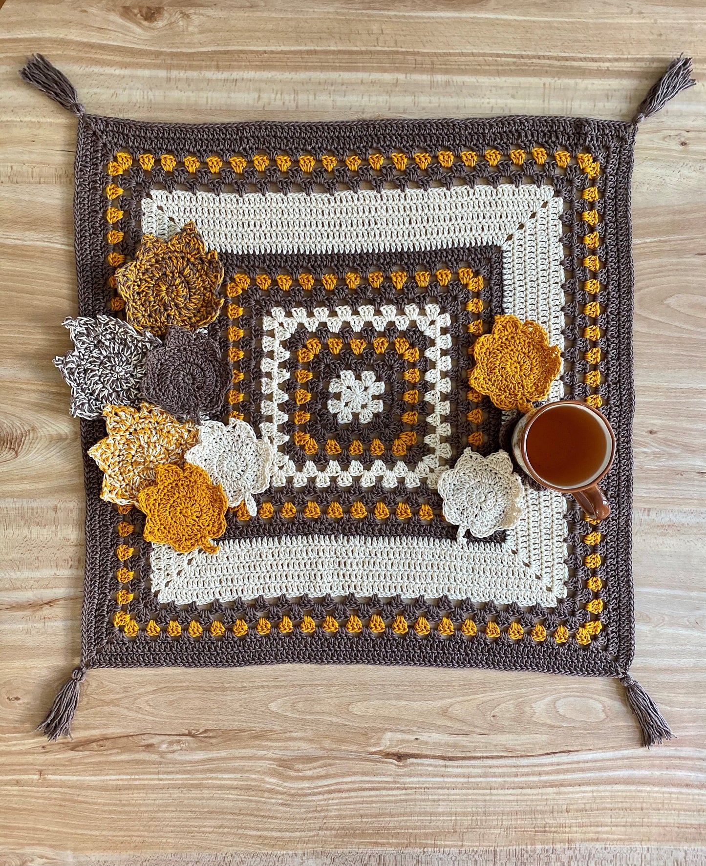 Crochet Kit - Autumn Table Cover & Leaf Coaster Set